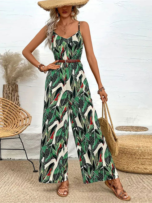 Tropical Print Spaghetti Strap Wide Leg Jumpsuit - Odaingerous